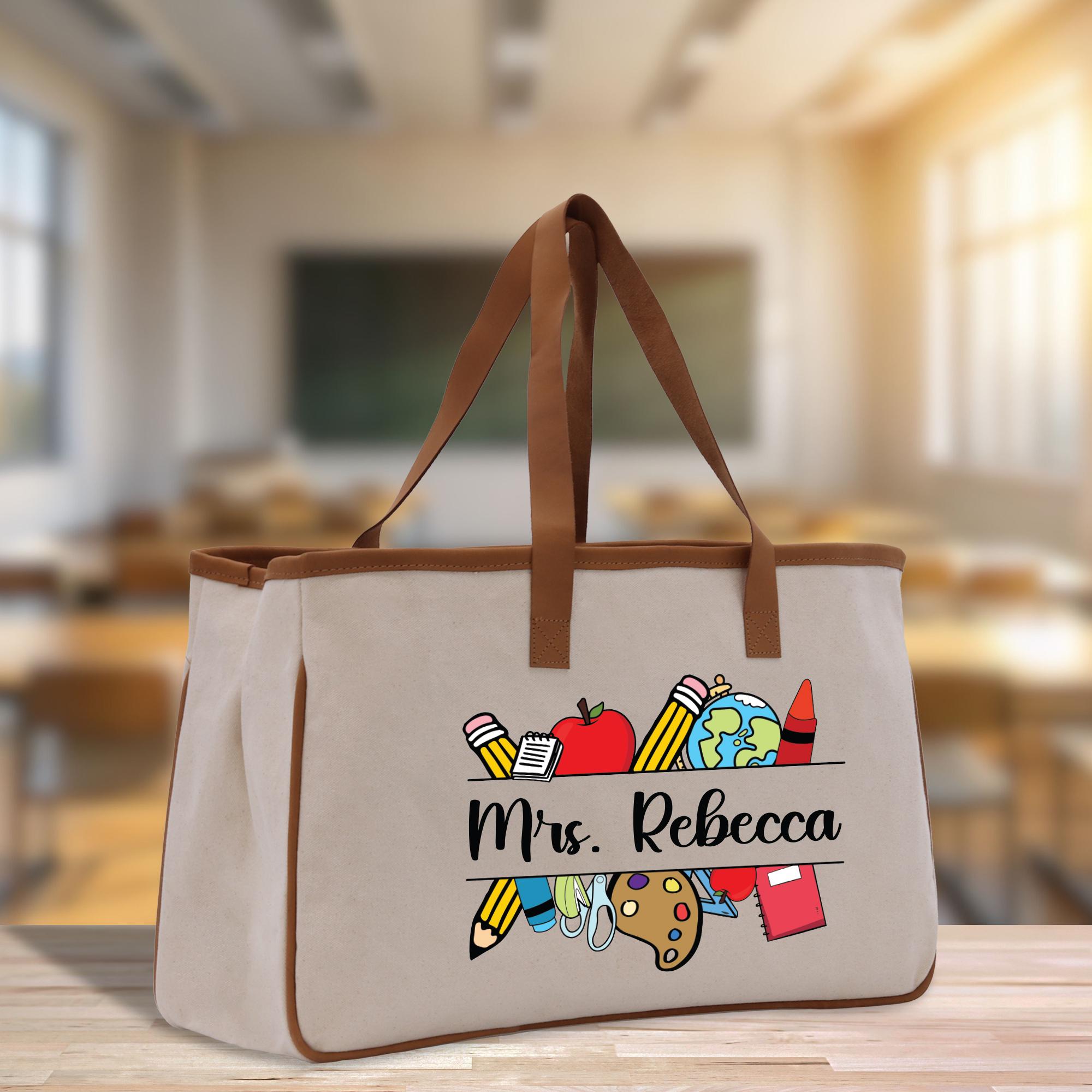 a canvas bag with a picture of a teacher&#39;s name on it