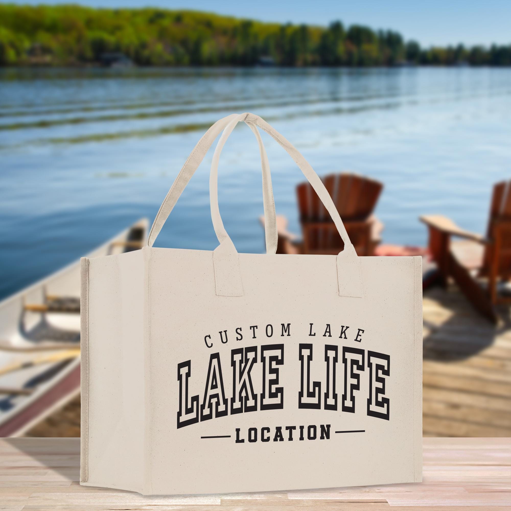 a lake life location bag sitting on a dock