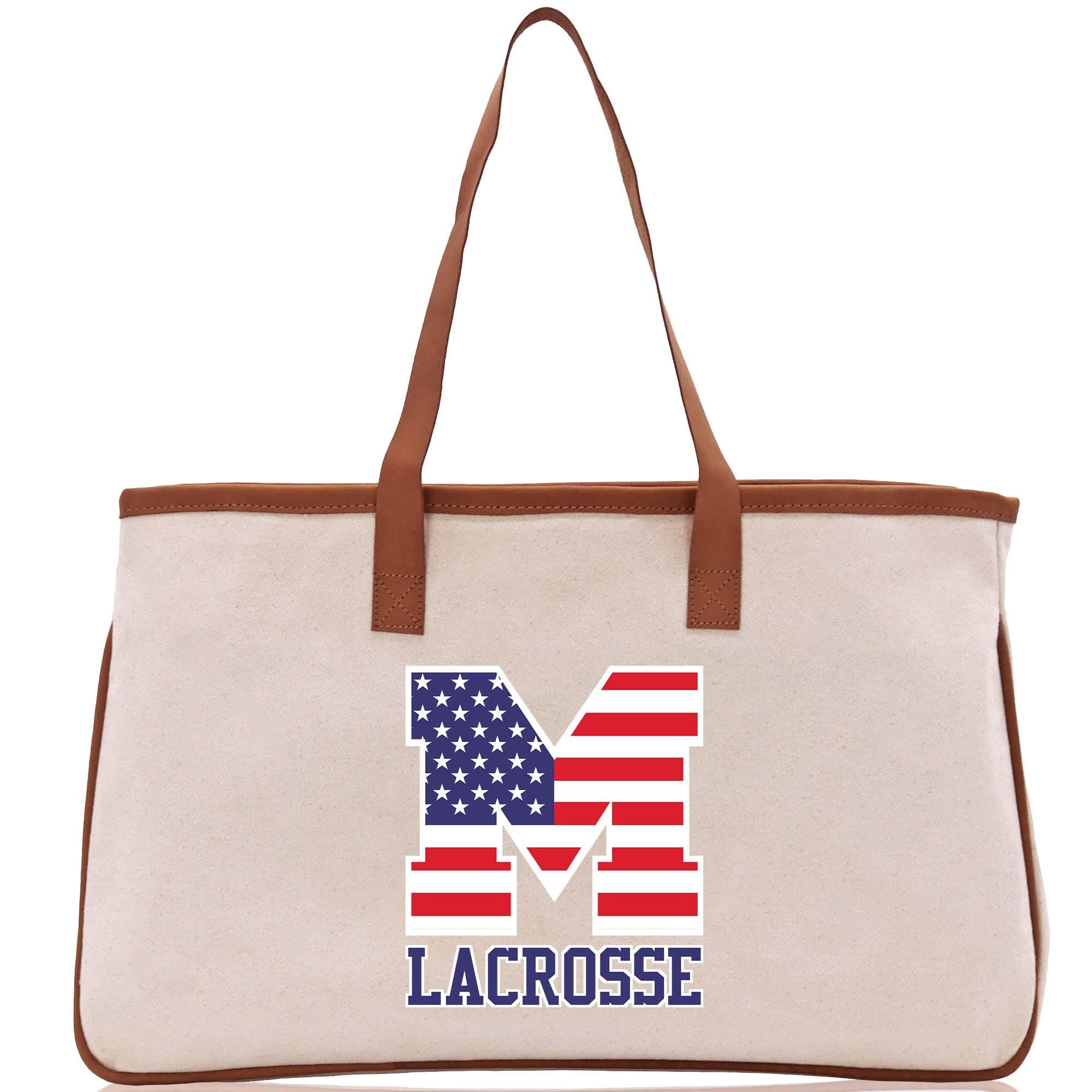 a large canvas bag with the letter m on it