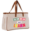 a canvas bag with the words play and learn printed on it