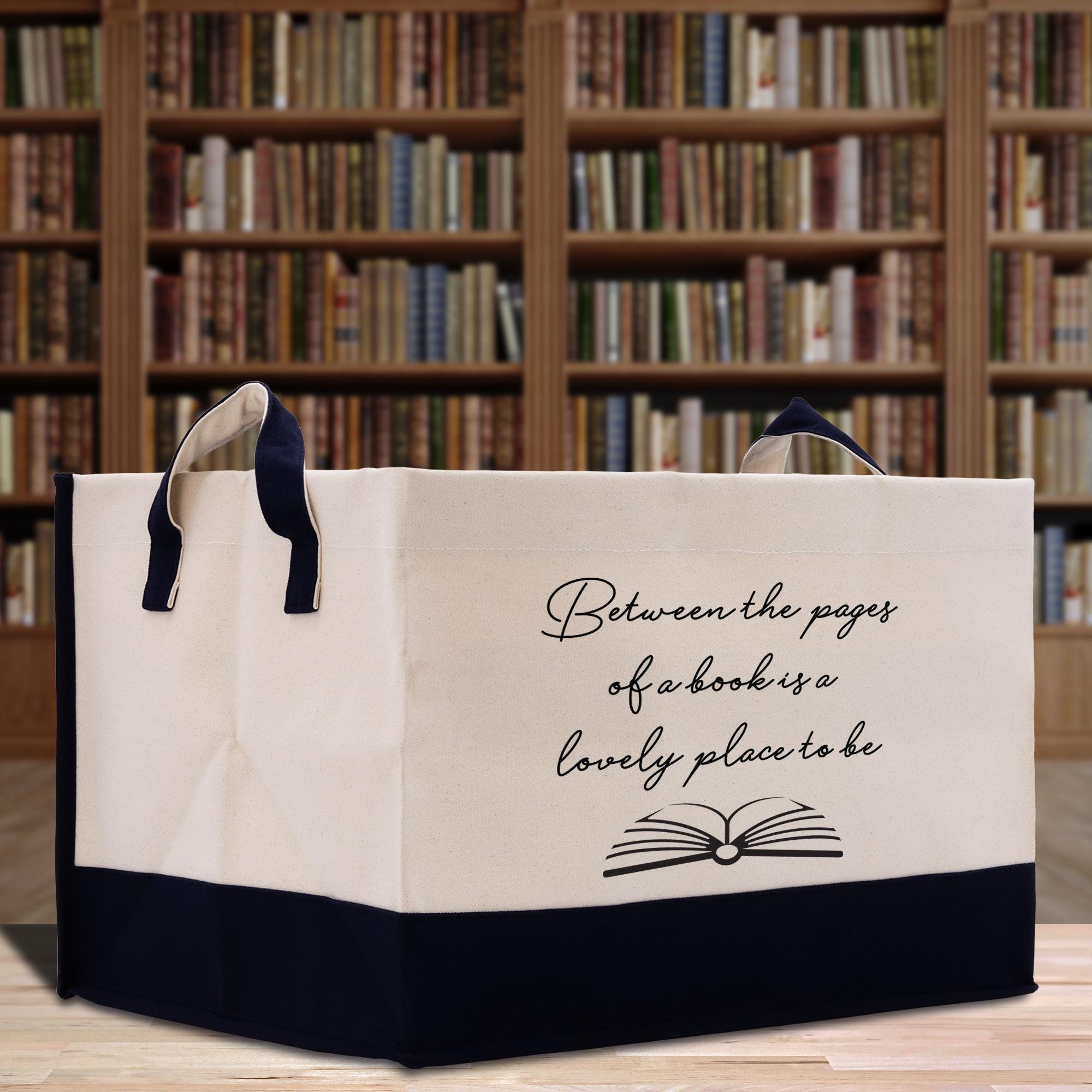 a book bag sitting on a table in front of a bookshelf