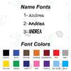 a collection of name fonts and color swatches, likely intended for use in personal branding or design purposes.