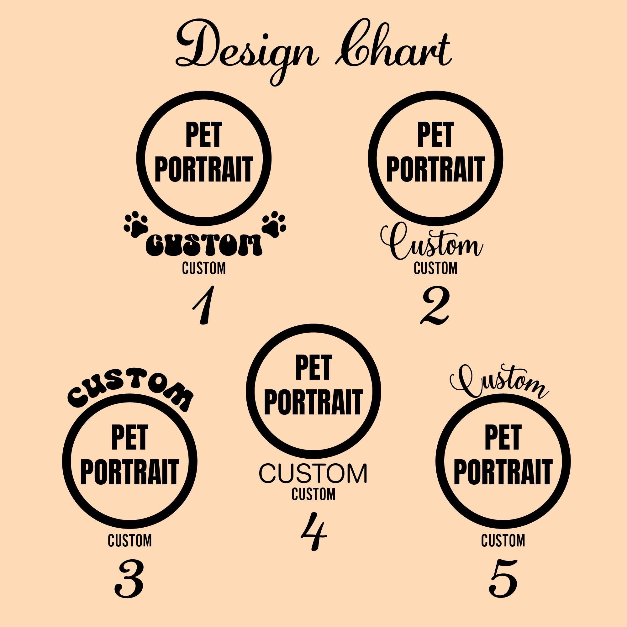 a design chart with five pet portrait designs, each with a unique number. The chart is designed to provide a visual representation of the different custom options available for pet portraits.