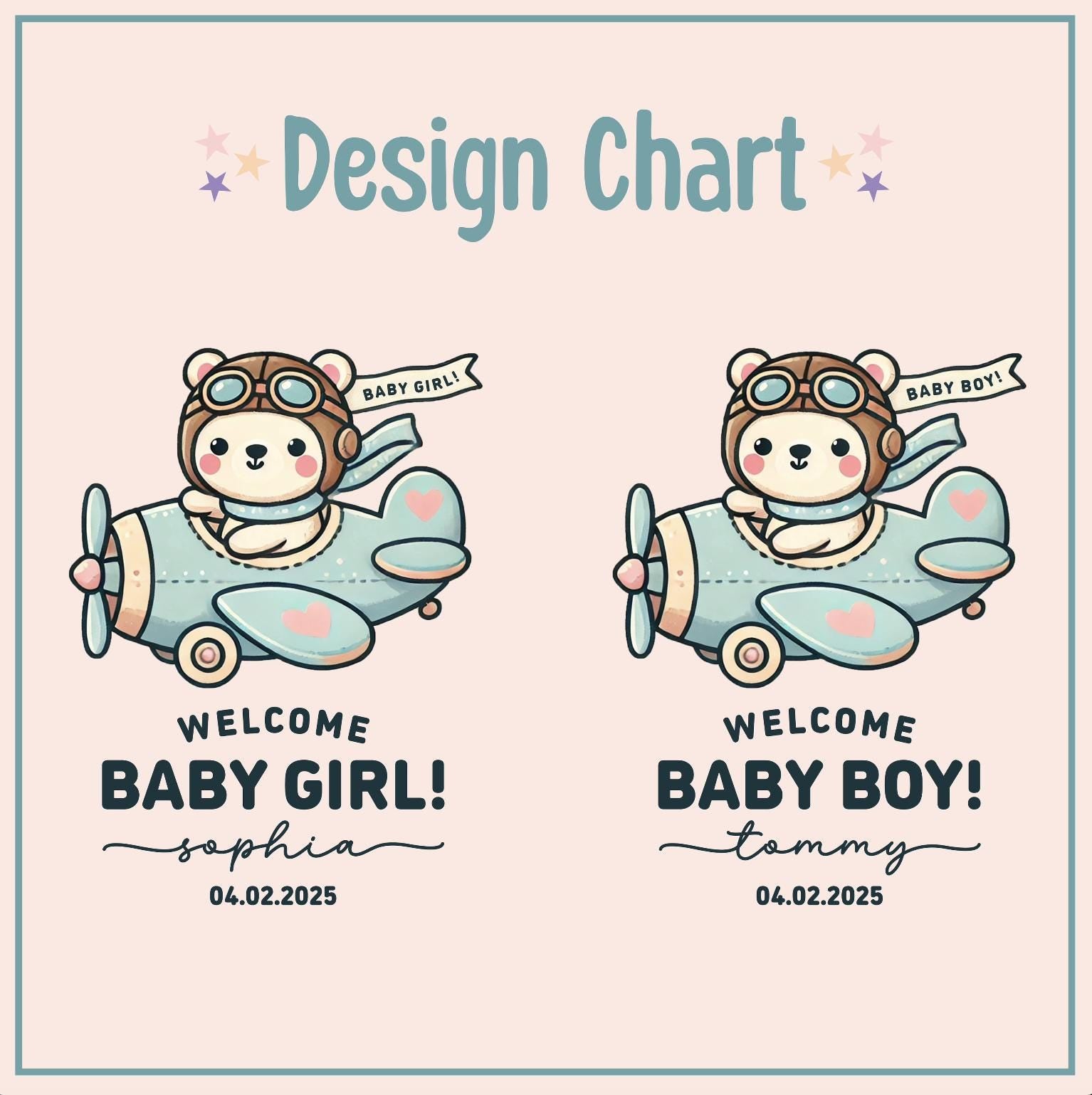 two illustrations of a baby girl and a baby boy wearing pilot helmets and sitting on airplanes. The text &quot;Welcome Baby Girl! Sophia 04.02.2025&quot; and &quot;Welcome Baby Boy! Tommy 04.02.2025&quot; are displayed below each illustration, indicating the names of the babies and the dates of their arrivals.