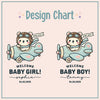 two illustrations of a baby girl and a baby boy wearing pilot helmets and sitting on airplanes. The text "Welcome Baby Girl! Sophia 04.02.2025" and "Welcome Baby Boy! Tommy 04.02.2025" are displayed below each illustration, indicating the names of the babies and the dates of their arrivals.