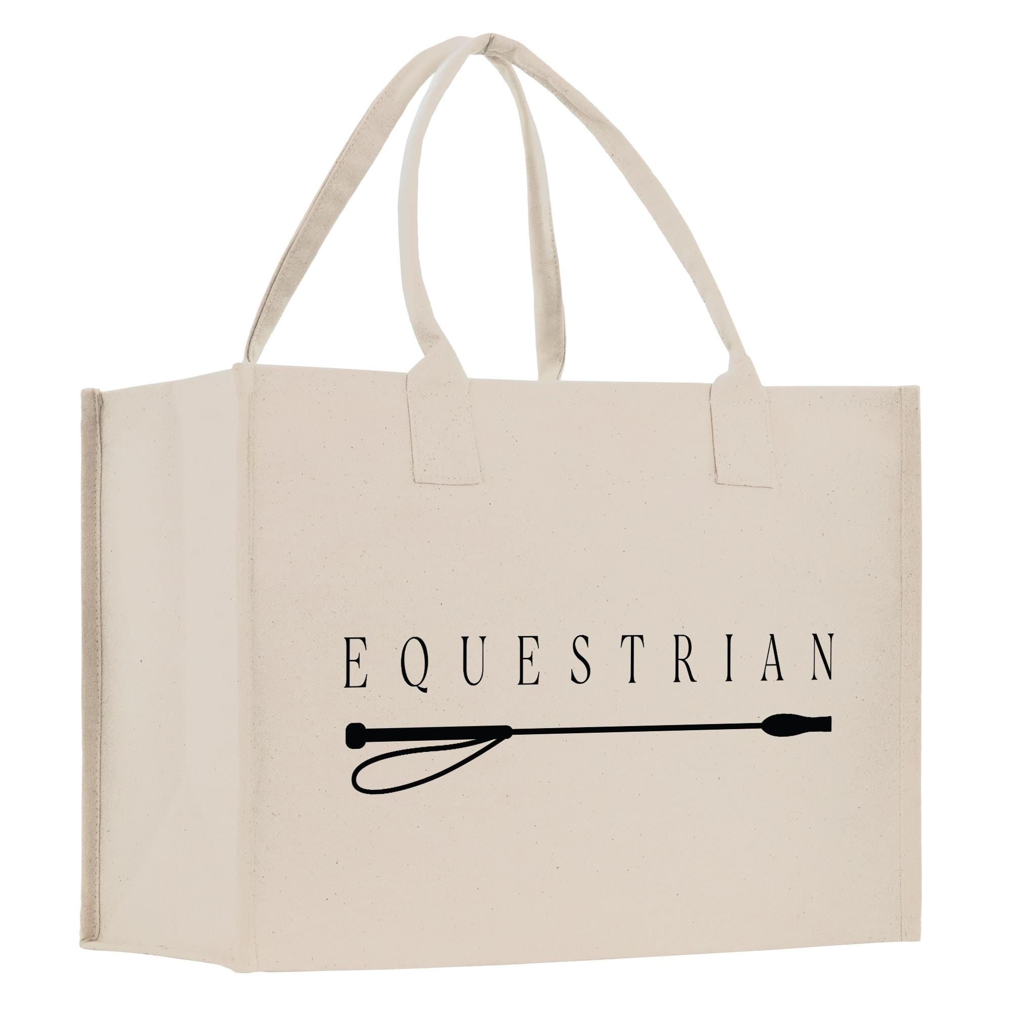 A beige canvas tote bag with the word &quot;EQUESTRIAN&quot; printed on it, along with a graphic of a bridle.