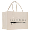 A beige canvas tote bag with the word "EQUESTRIAN" printed on it, along with a graphic of a bridle.