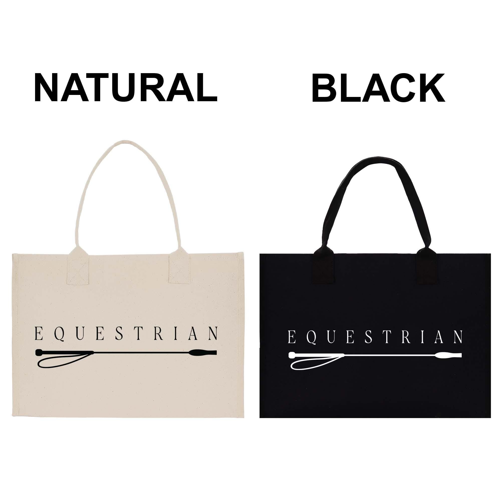 two bags, one beige and one black, with the word &quot;EQUESTRIAN&quot; printed on them.