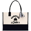 A black and white tote bag with the text 