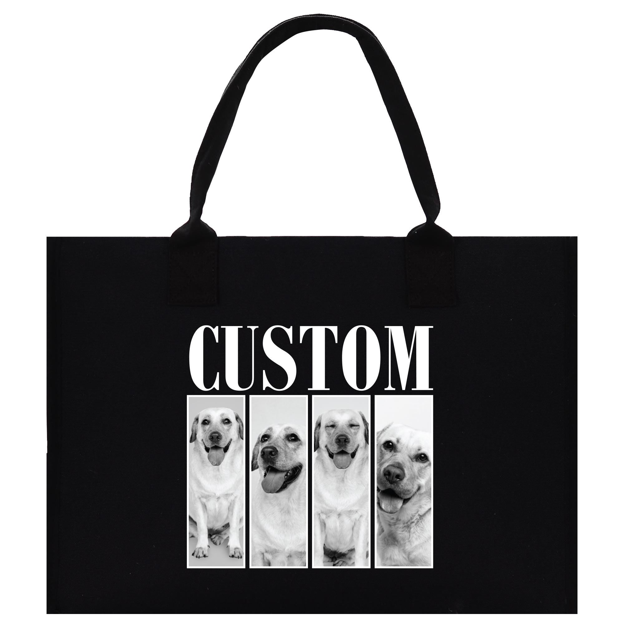 A black tote bag with a custom dog photo displayed on it.