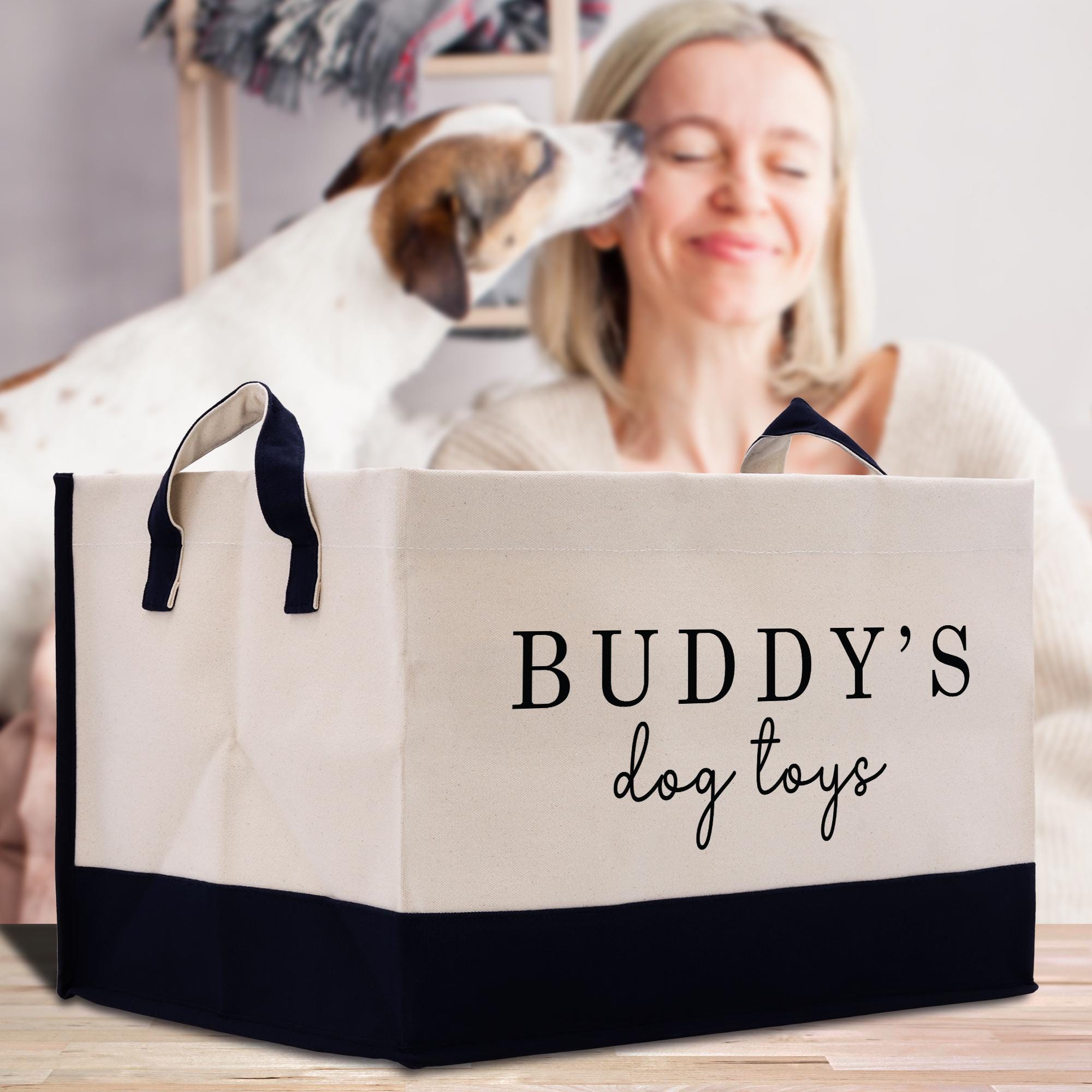 A woman is sitting on a couch, smiling and petting a dog, while a large storage tote bag with the text &quot;BUDDY&#39;S dog toys&quot; is placed in front of her.