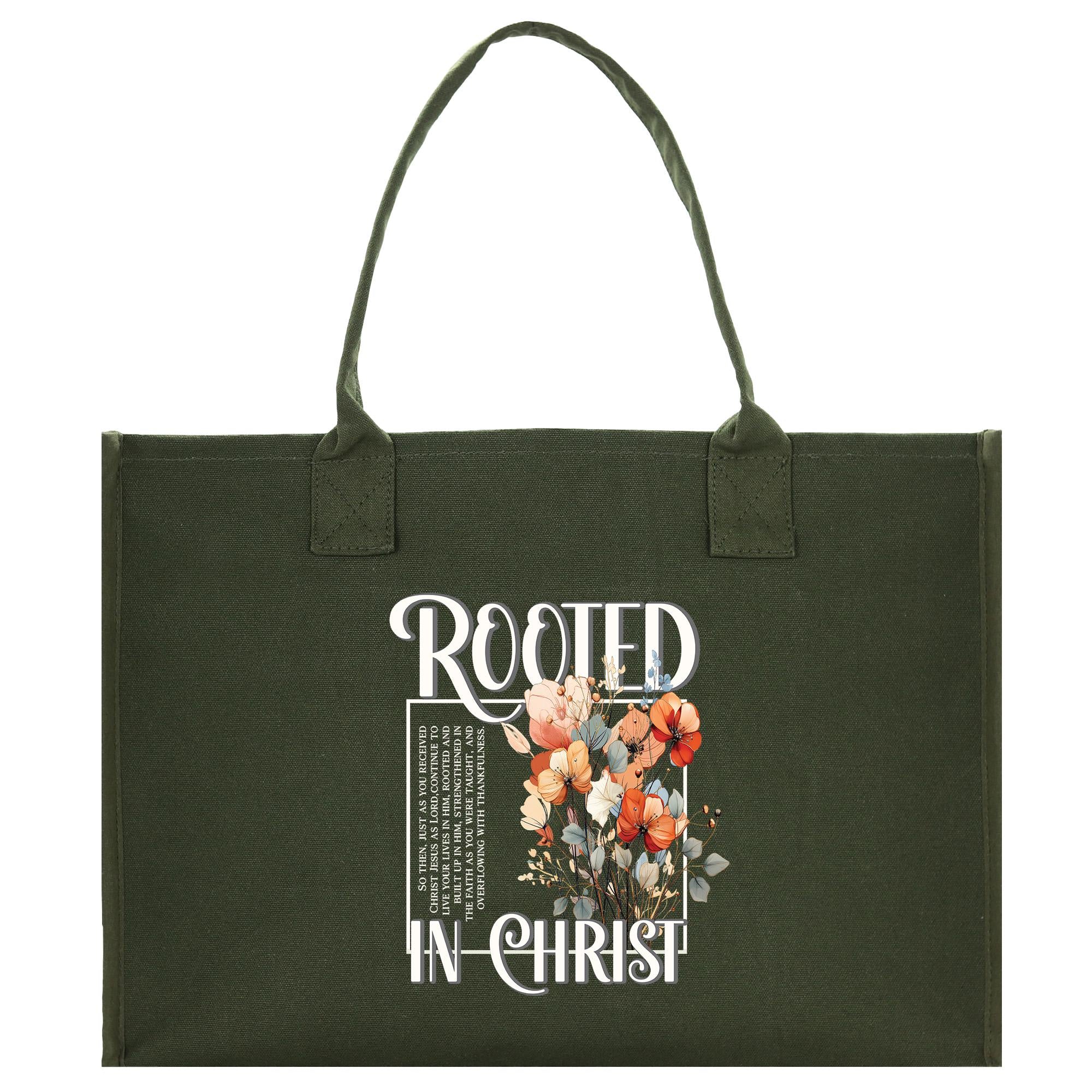 a green bag with a picture of flowers on it