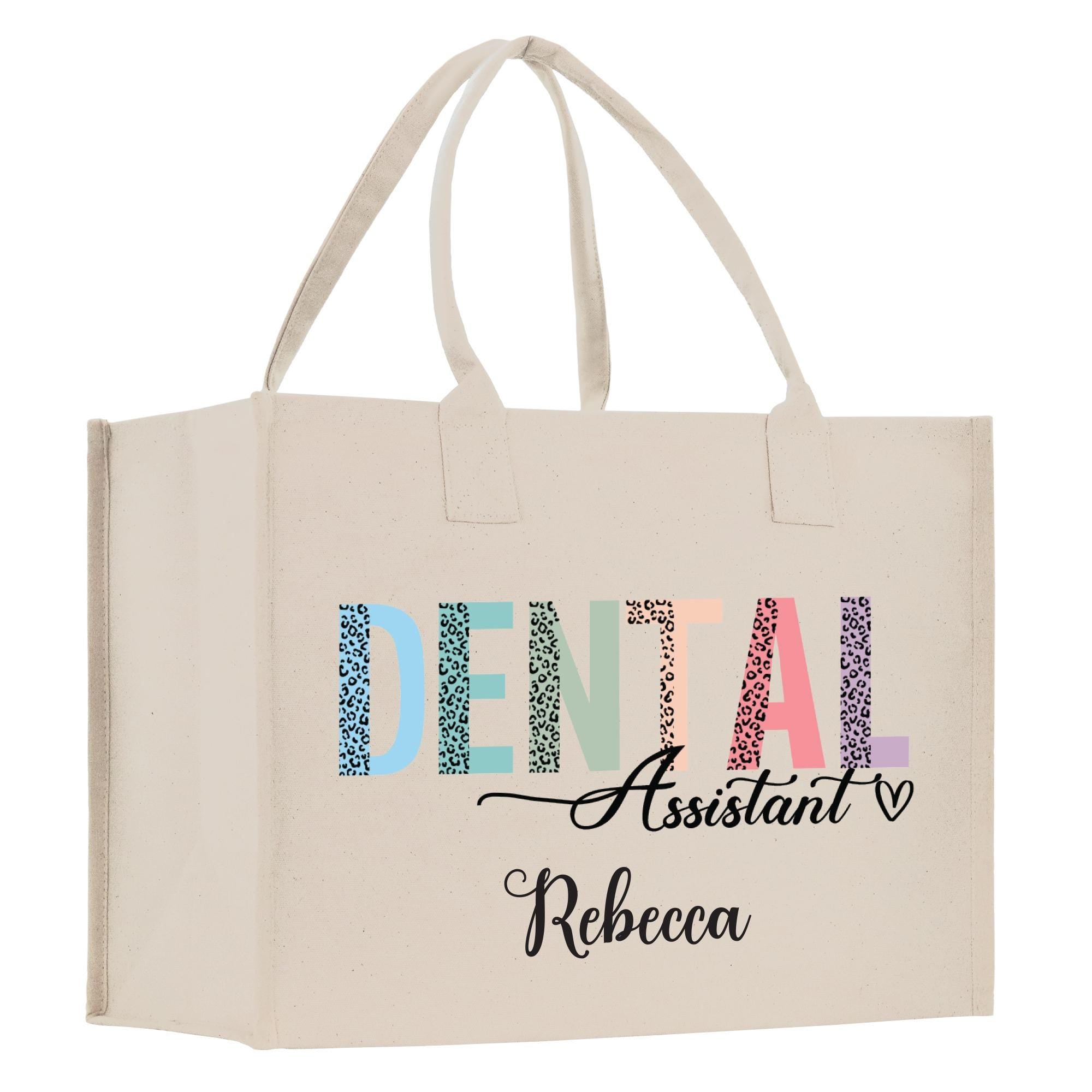 a white shopping bag with the words dental assistant in multicolored letters