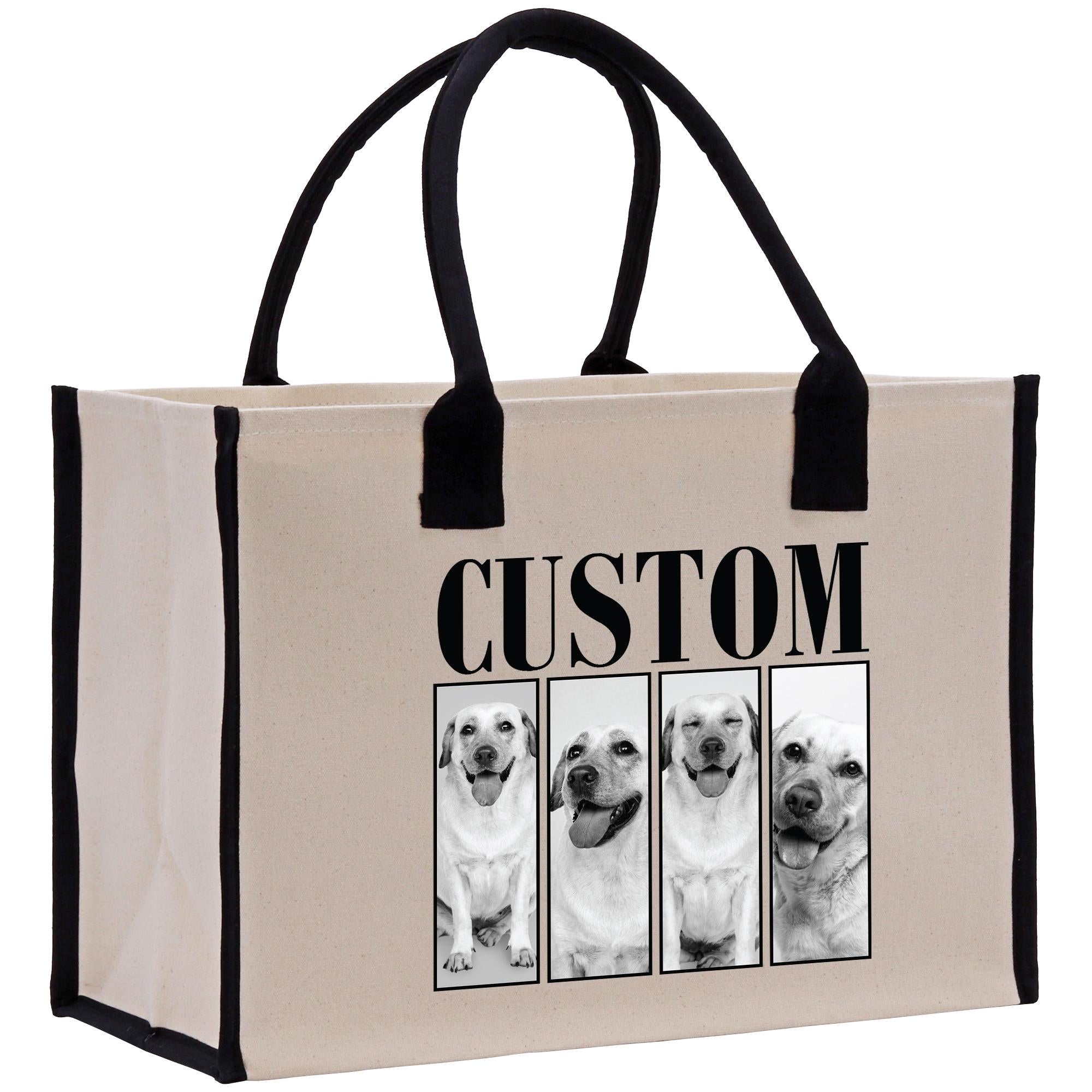 A beige canvas tote bag with a black handle and straps, featuring a central image of four dogs with the word &quot;CUSTOM&quot; printed on the bag.