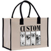 A beige canvas tote bag with a black handle and straps, featuring a central image of four dogs with the word "CUSTOM" printed on the bag.