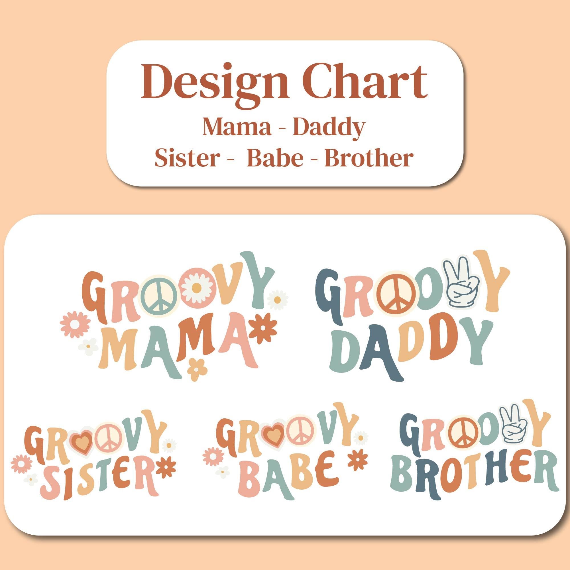 a design chart that includes various text designs related to the words &quot;Mama - Daddy Sister - Babe - Brother&quot;. The text designs include the words &quot;GROOKY MAMA&quot;, &quot;GROOKY DADDY&quot;, &quot;GROOKY SISTER&quot;, &quot;GROOKY BABE&quot;, and &quot;GROOKY BROTHER&quot;. The designs are arranged in a grid format, showcasing different styles and variations of the text.