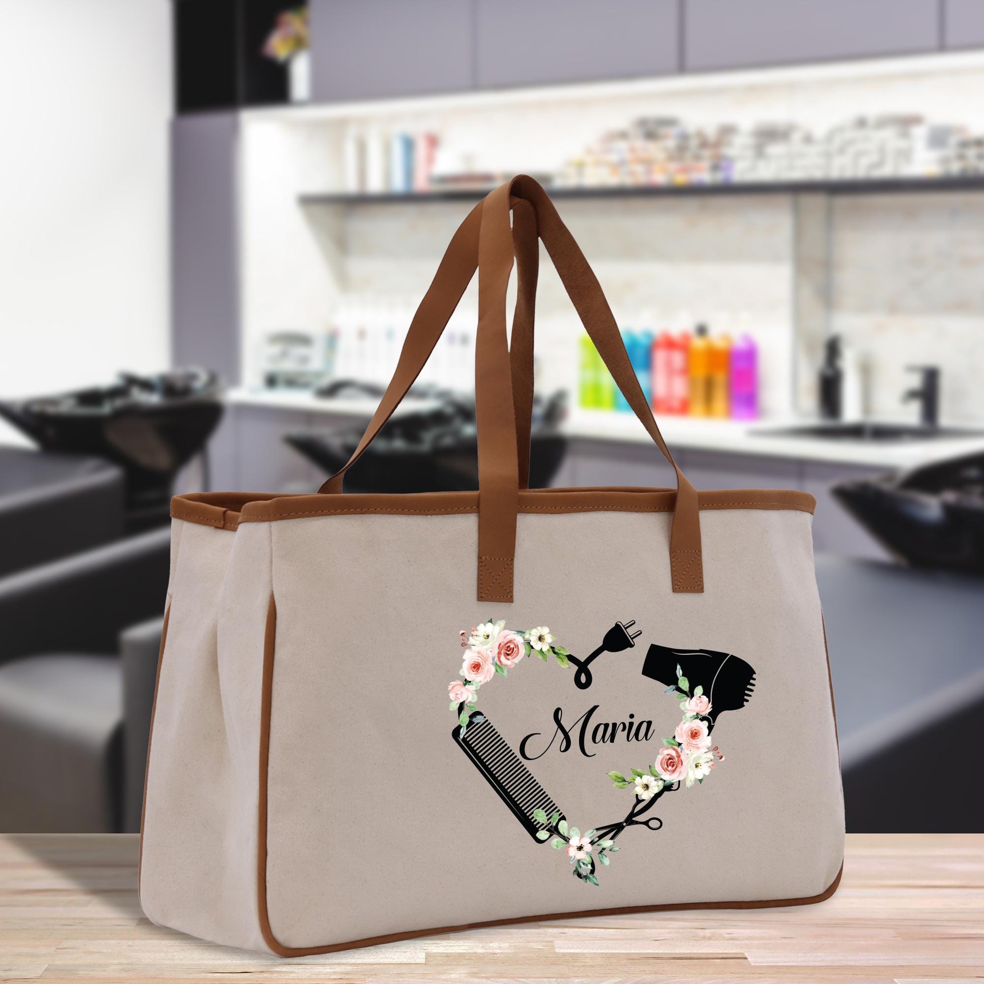 a personalized canvas tote bag with a hairdryer and flowers