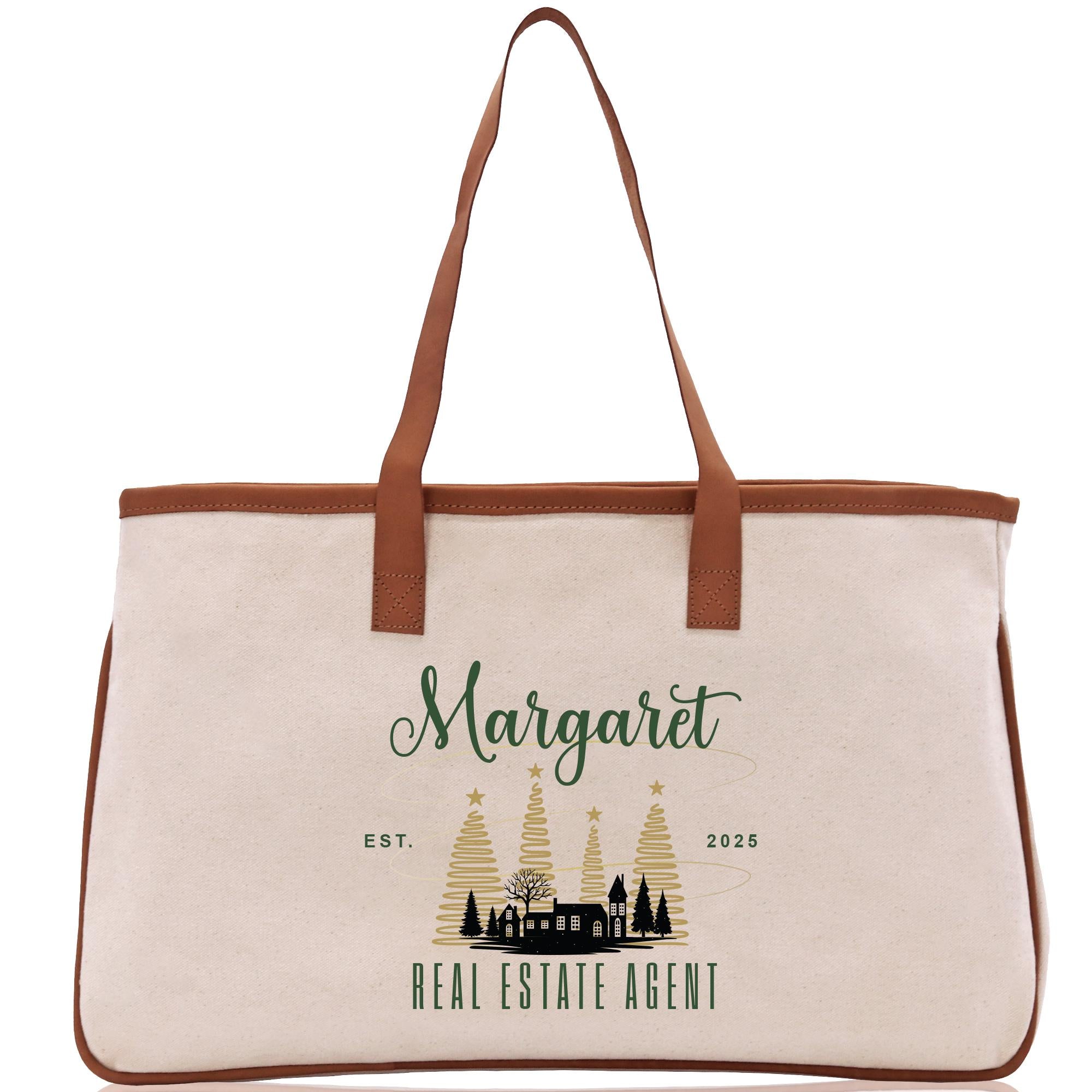 a white bag with a brown leather handle
