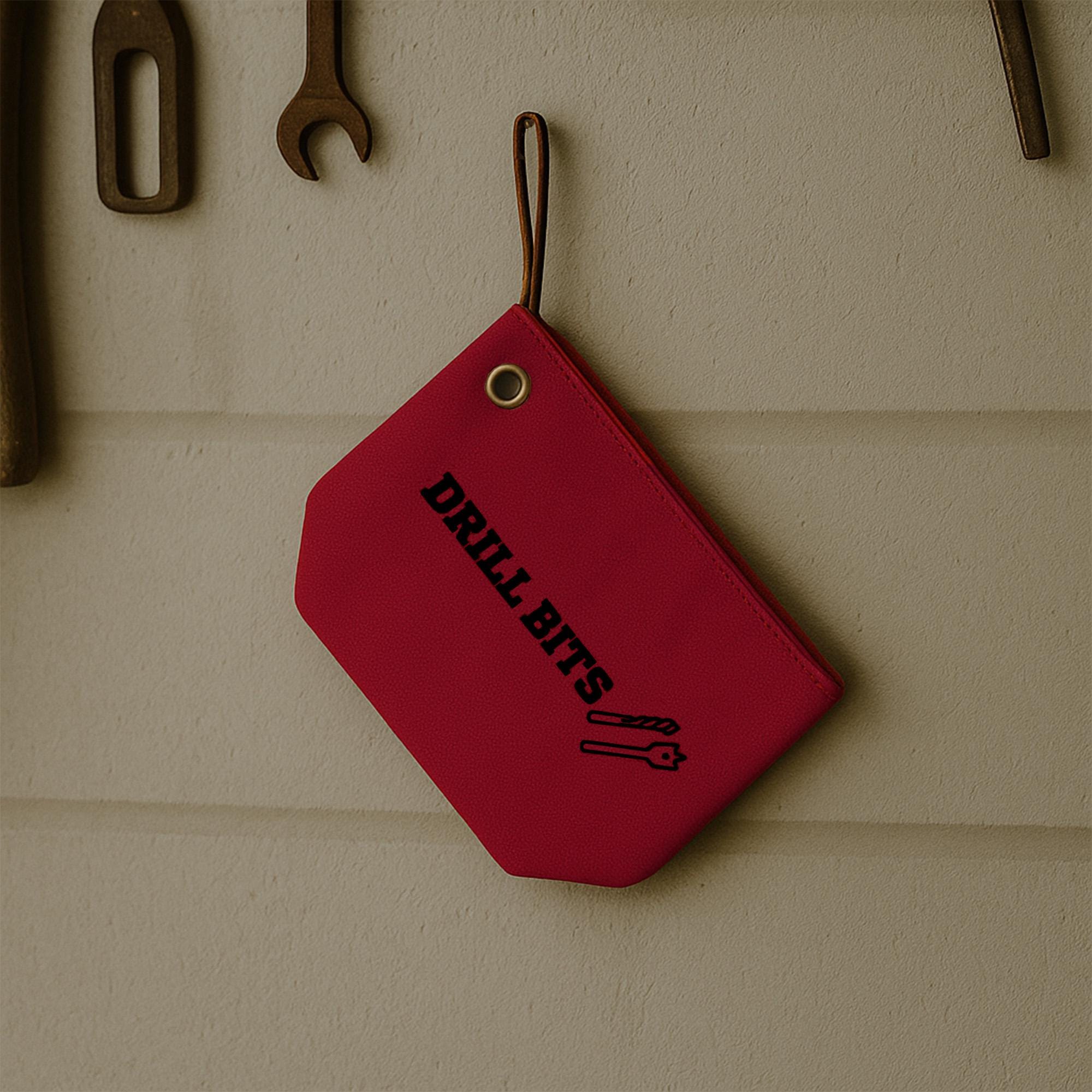 A red pouch with the text &quot;DRILL Bits&quot; printed on it, hanging on a wall next to various tools.