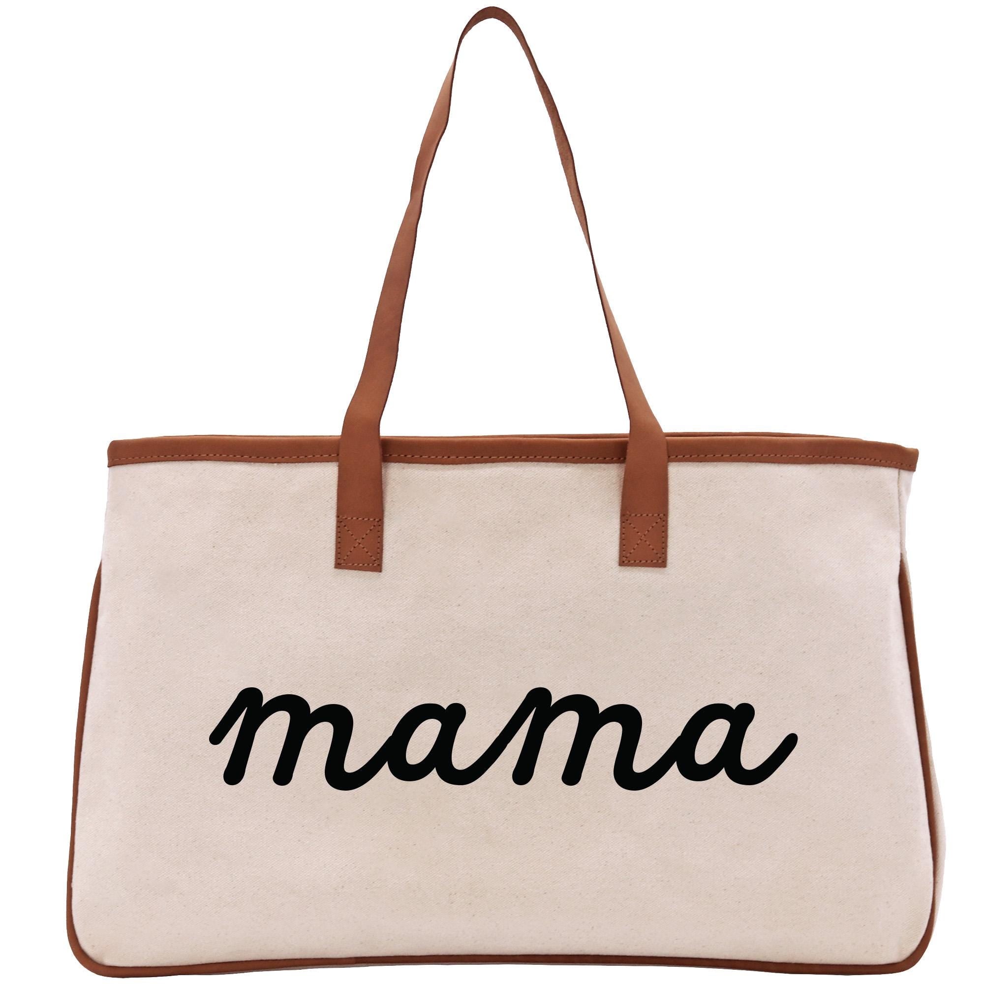 A beige canvas tote bag with the word &quot;mama&quot; printed in black cursive text.