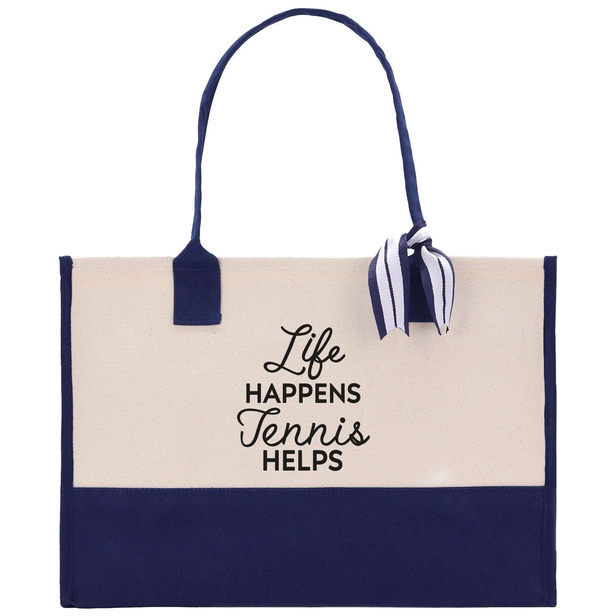 A tote bag with a blue and white color scheme, featuring a printed message on the front.