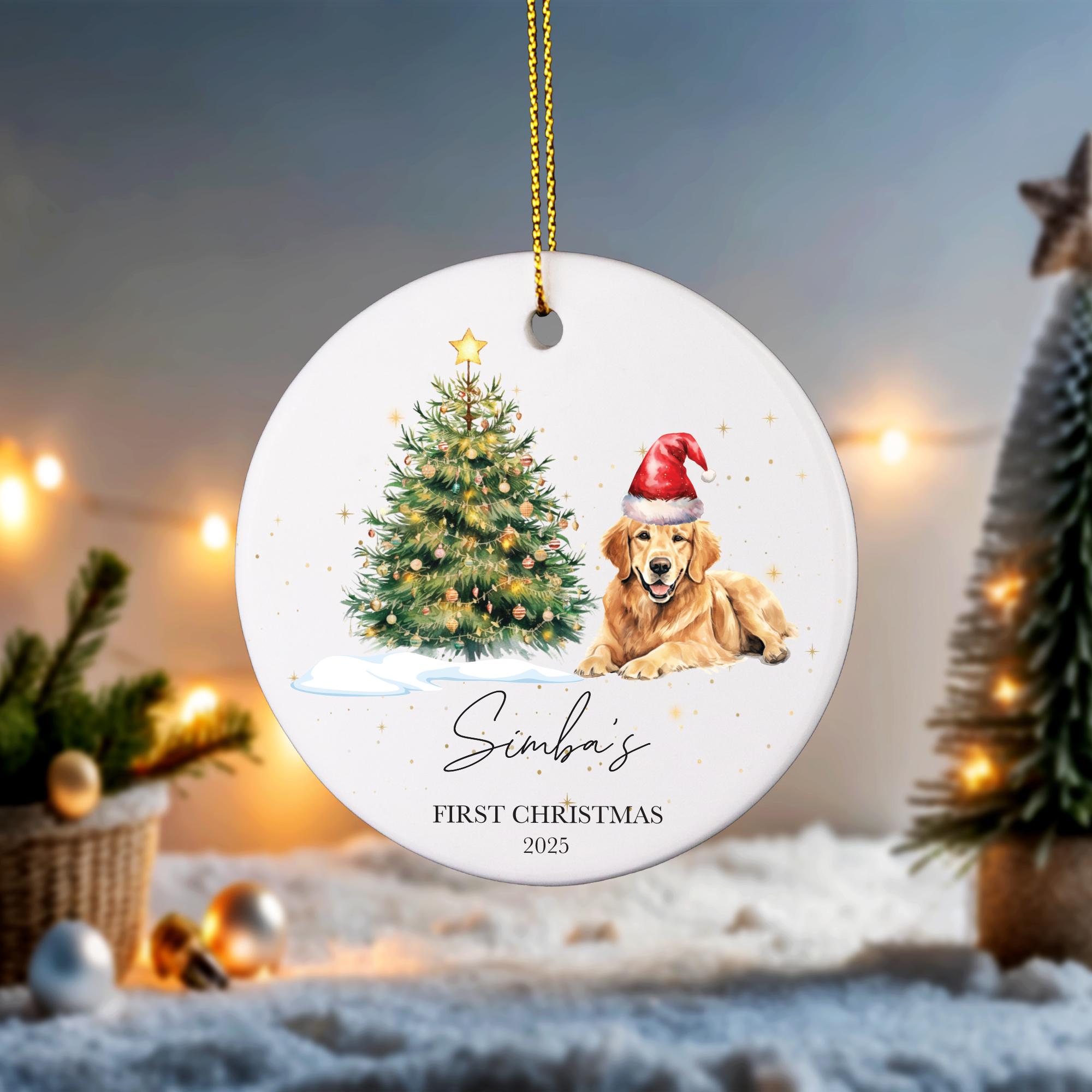 a christmas ornament with a dog and a christmas tree