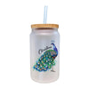 A frosted glass jar with a straw, featuring a colorful illustration of a peacock.