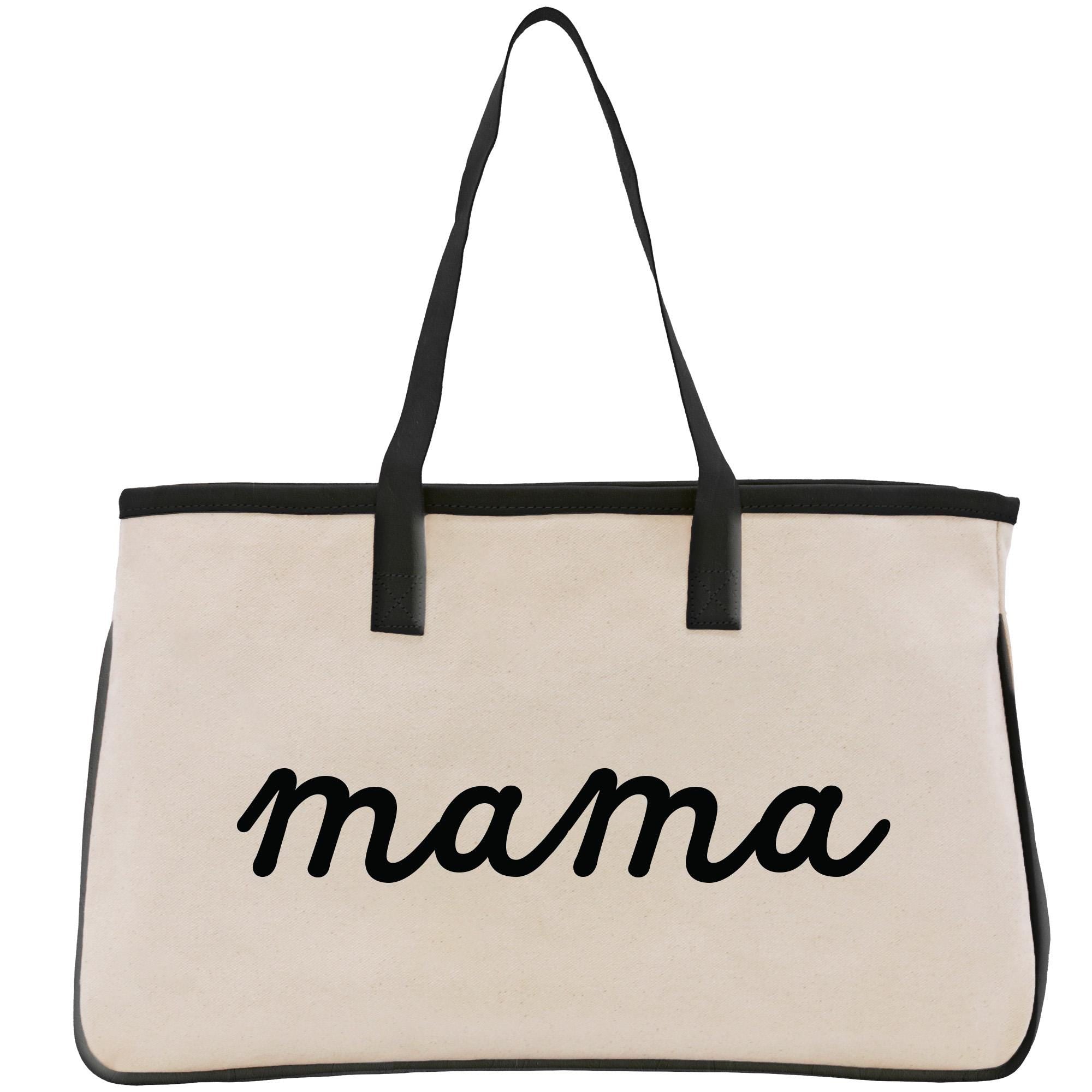 A beige canvas tote bag with the word &quot;mama&quot; printed in black cursive text.