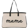 A beige canvas tote bag with the word "mama" printed in black cursive text.