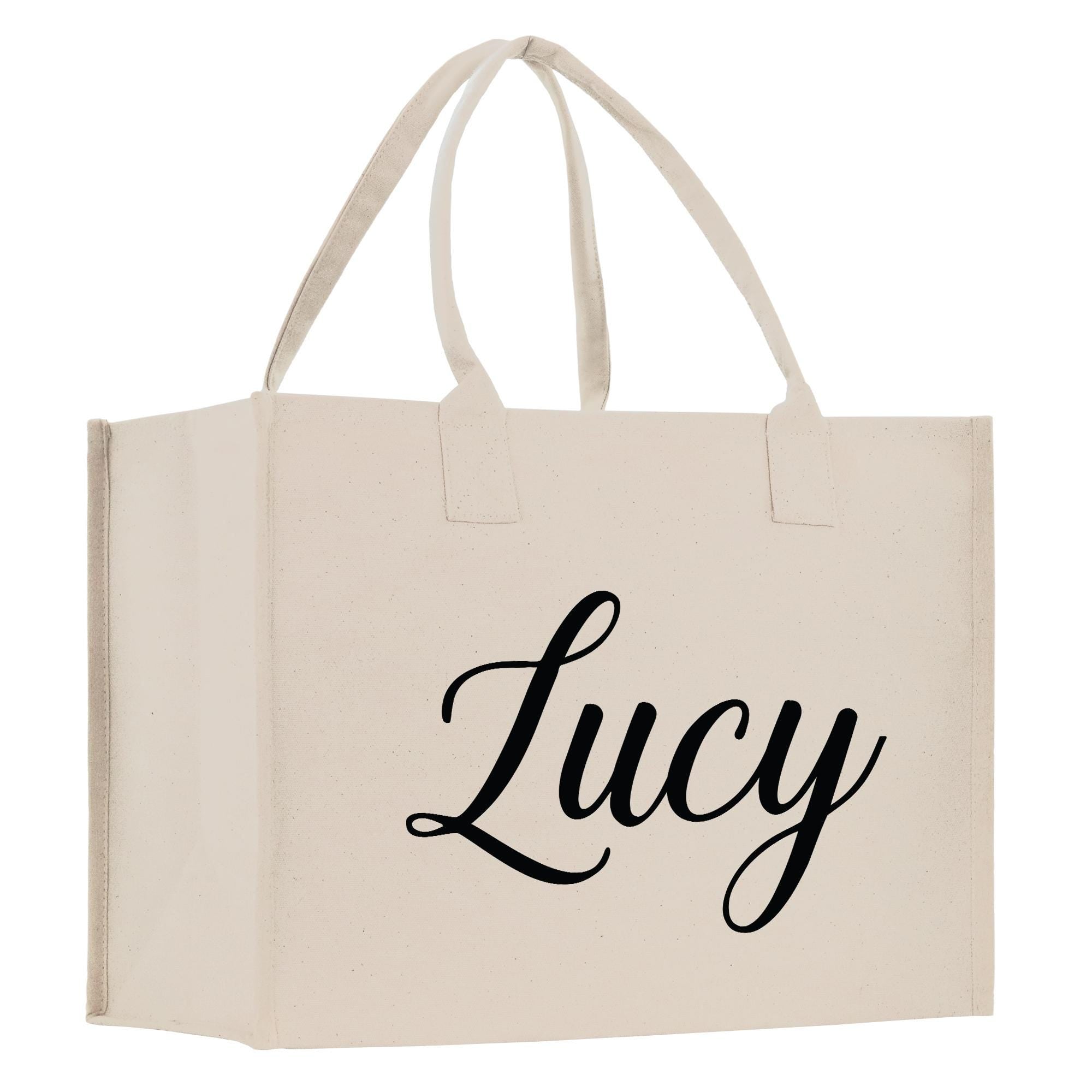 A beige canvas tote bag with the name &quot;Lucy&quot; printed on it in a cursive font.