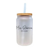 A frosted glass jar with a straw, featuring the name "Mrs Rebecca" and the date "EST. 11.5.2025" printed on it.