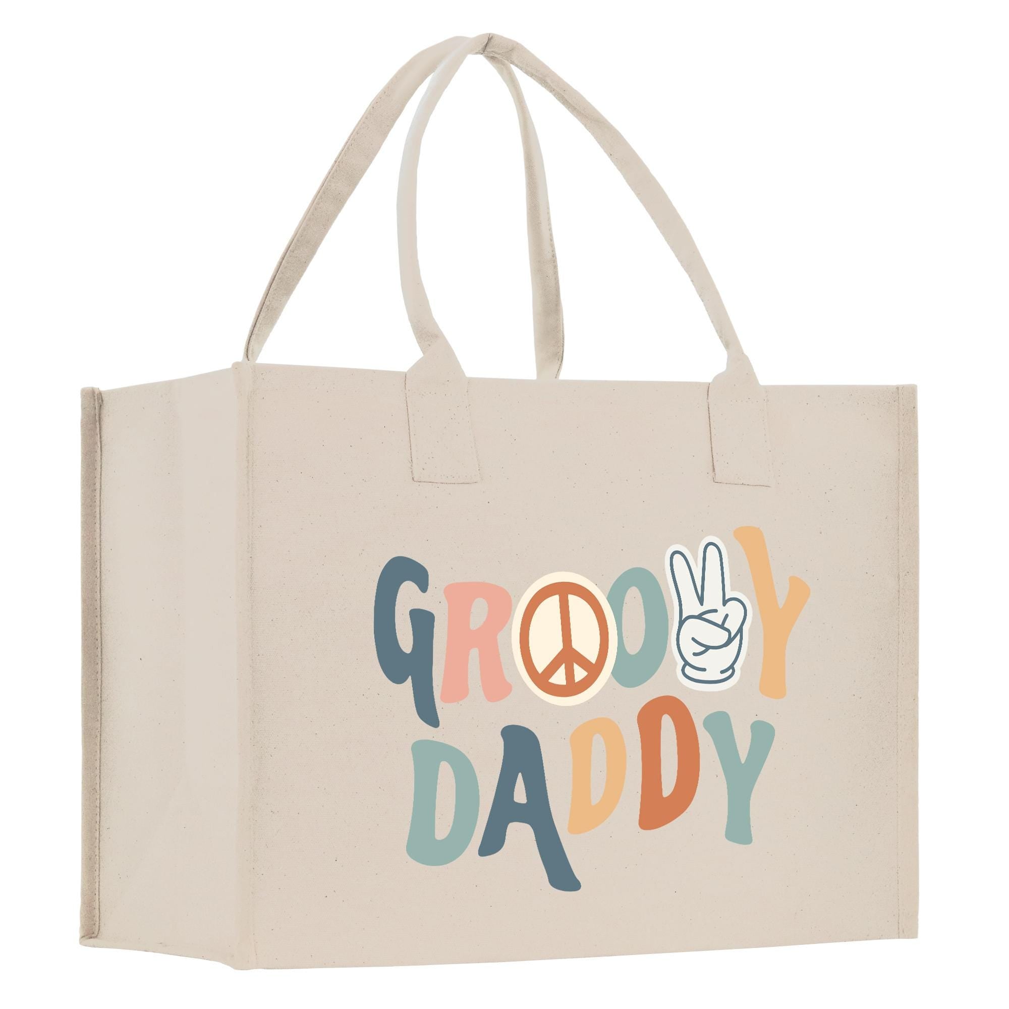 A beige canvas tote bag with the text &quot;GROOY DADDY&quot; printed on it.