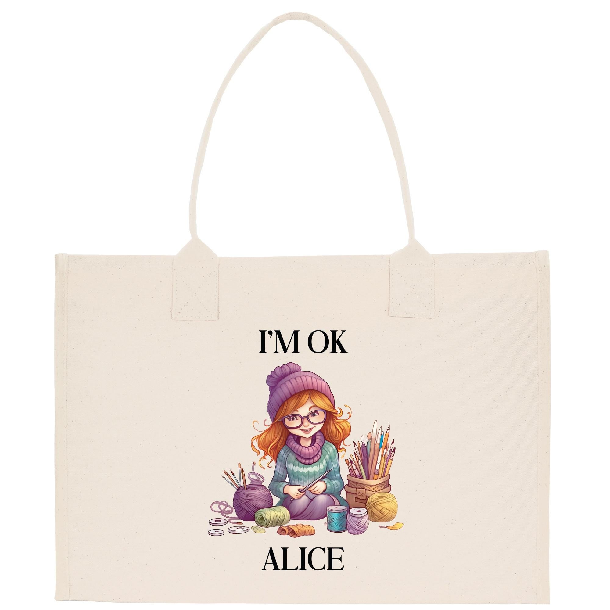 a tote bag with a picture of a girl knitting
