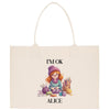 a tote bag with a picture of a girl knitting