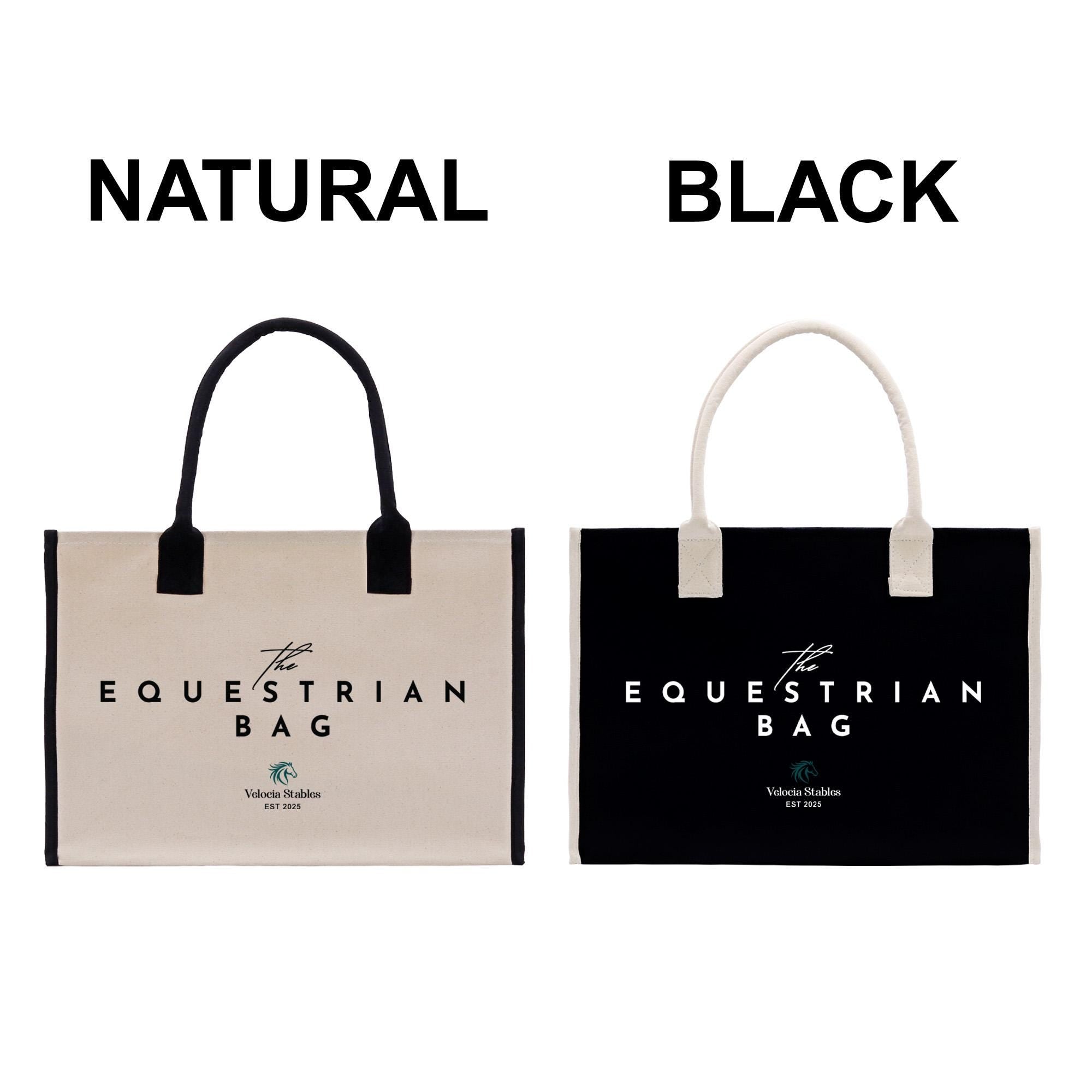 two bags, one natural and one black, both labeled as &quot;Equestrian Bag&quot;.