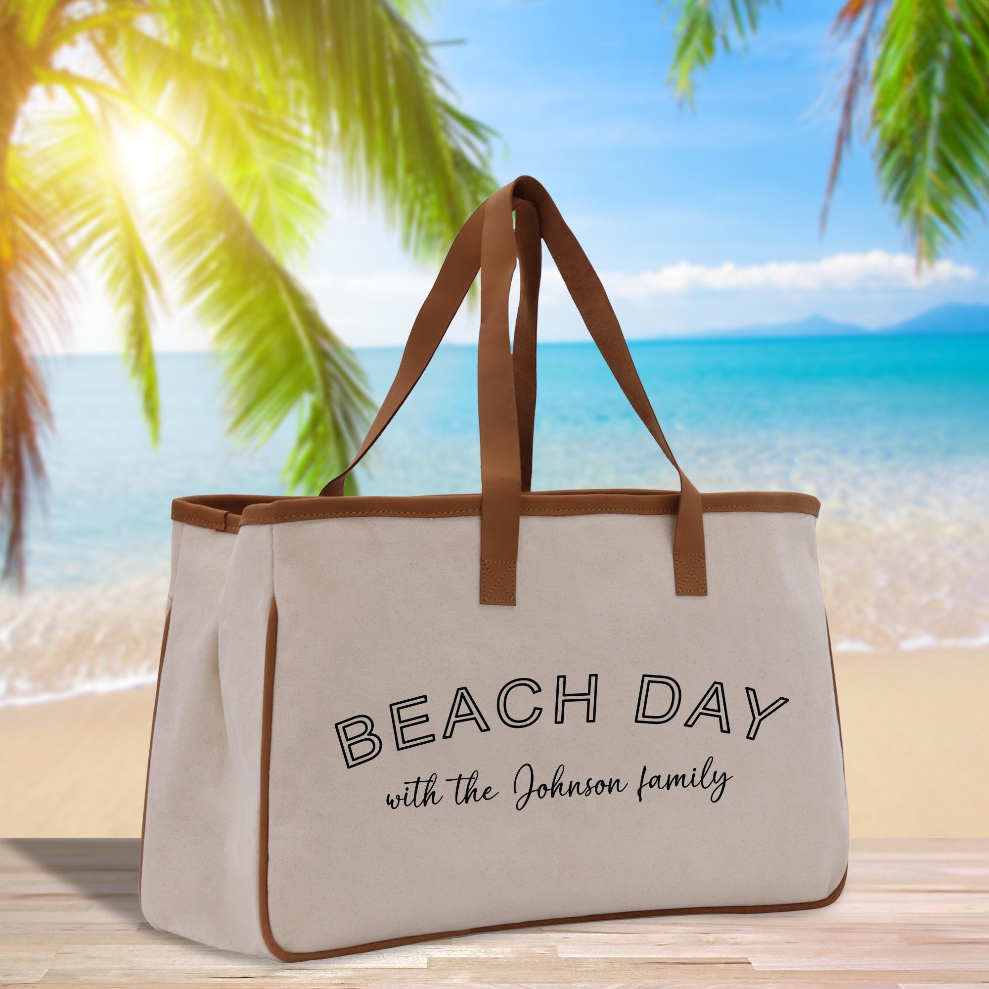 a beach bag sitting on top of a wooden table