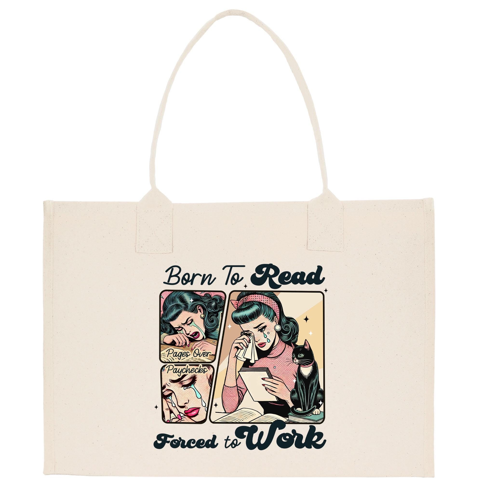 a tote bag with a picture of a woman reading a book