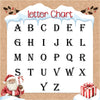 a letter chart with the alphabet displayed in a grid format. The chart is set against a festive background with a Santa Claus figure and a gift box.