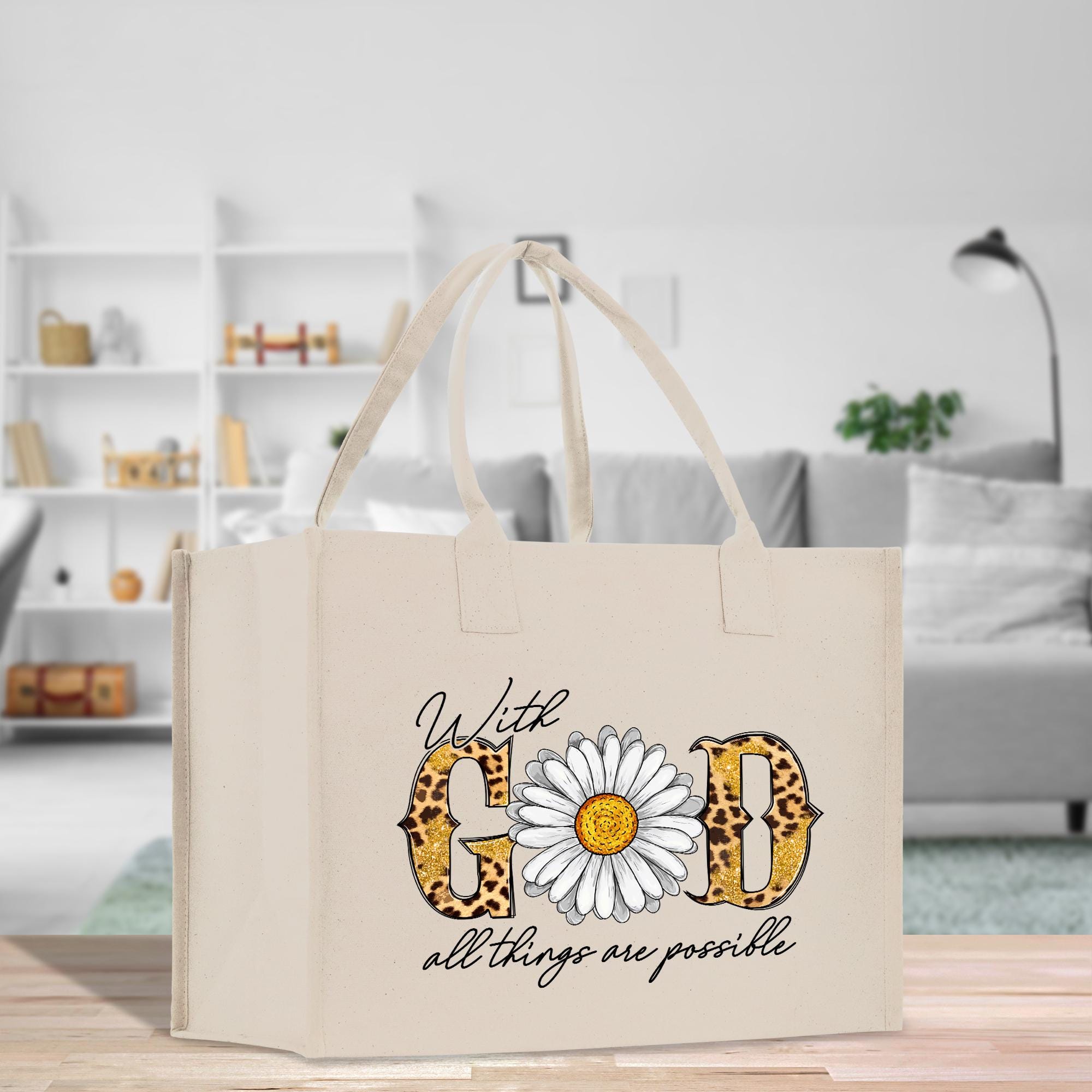 a bag with a flower on it sitting on a table