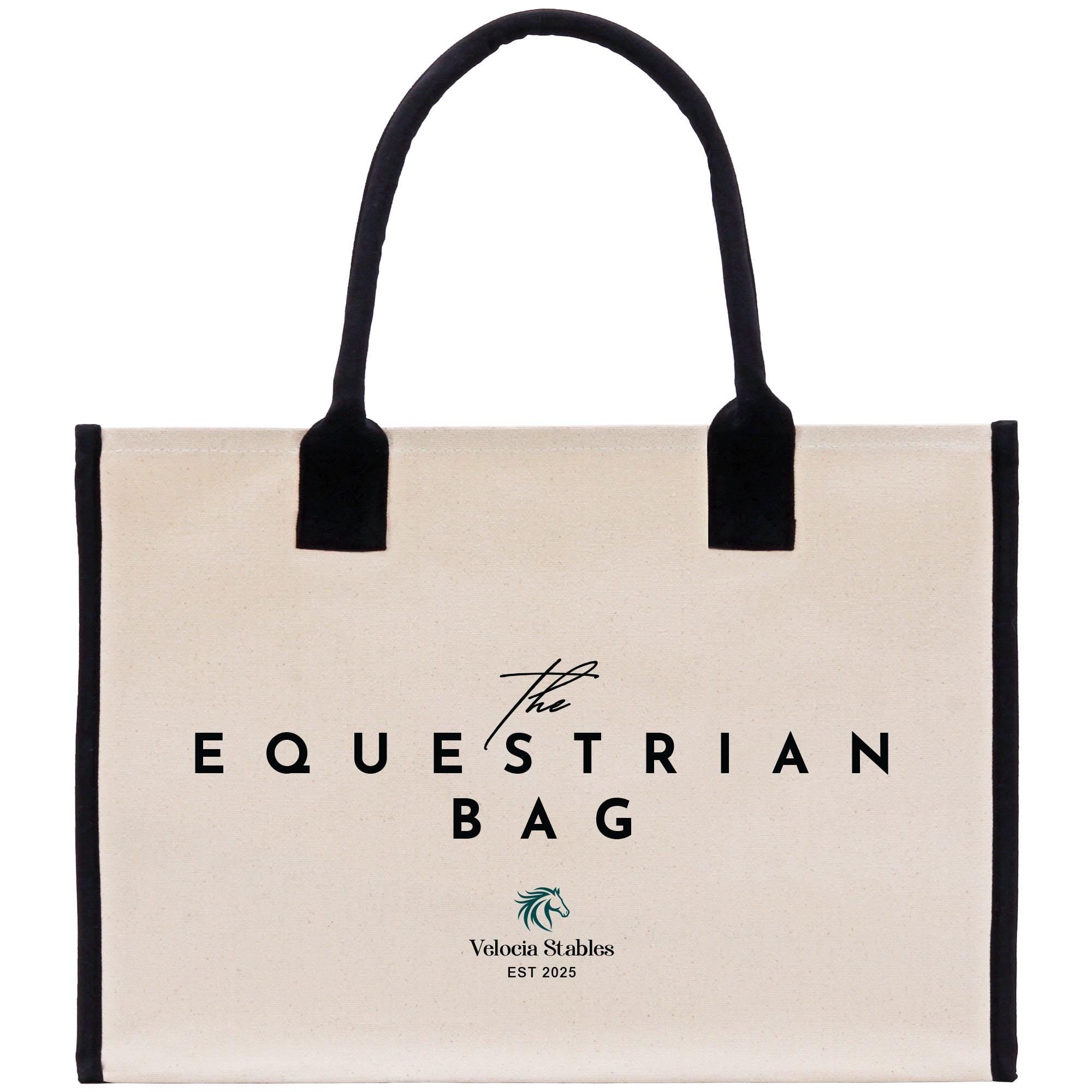a beige canvas tote bag with black trim and handles.
