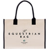 a beige canvas tote bag with black trim and handles.