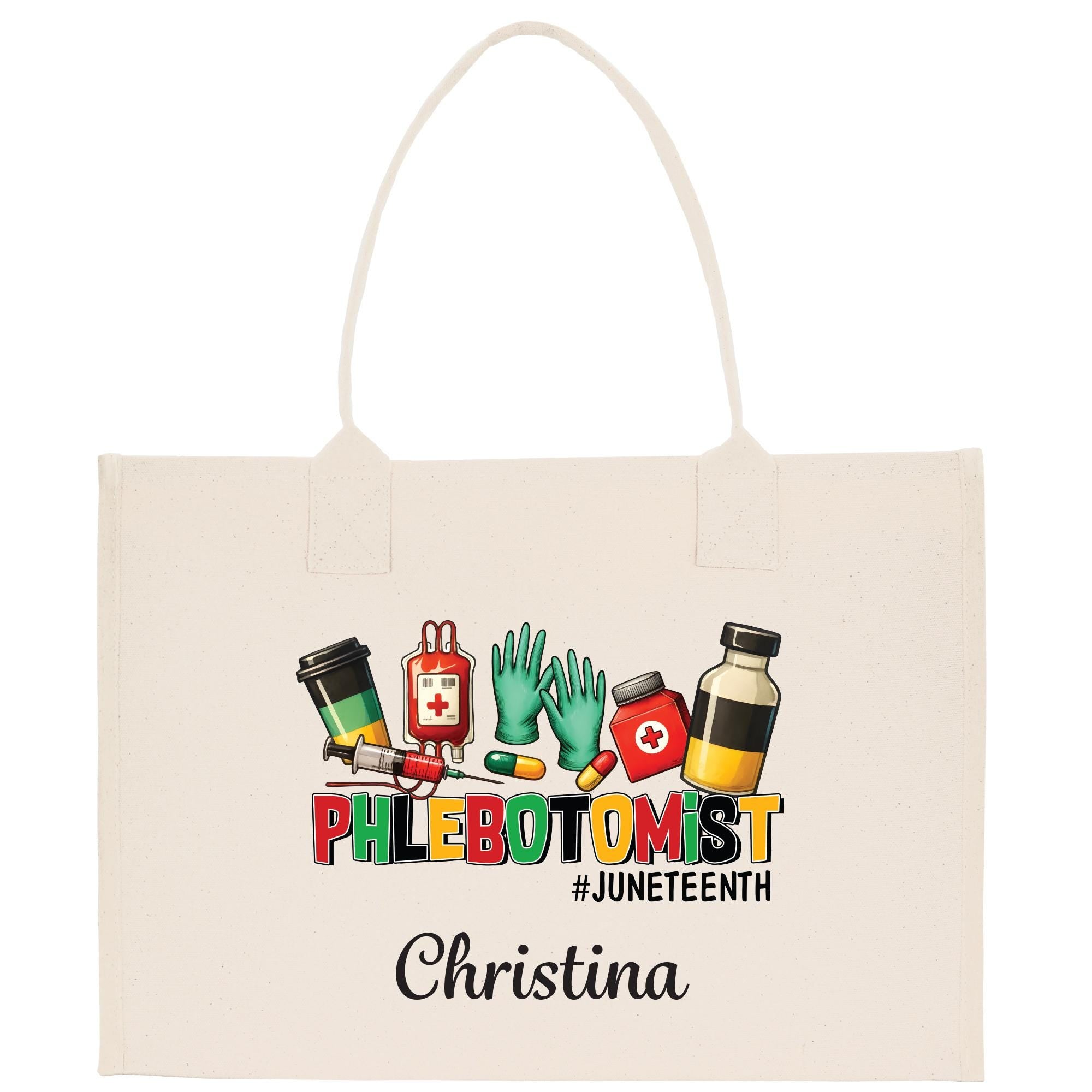 a white shopping bag with a picture of pills and other medical items