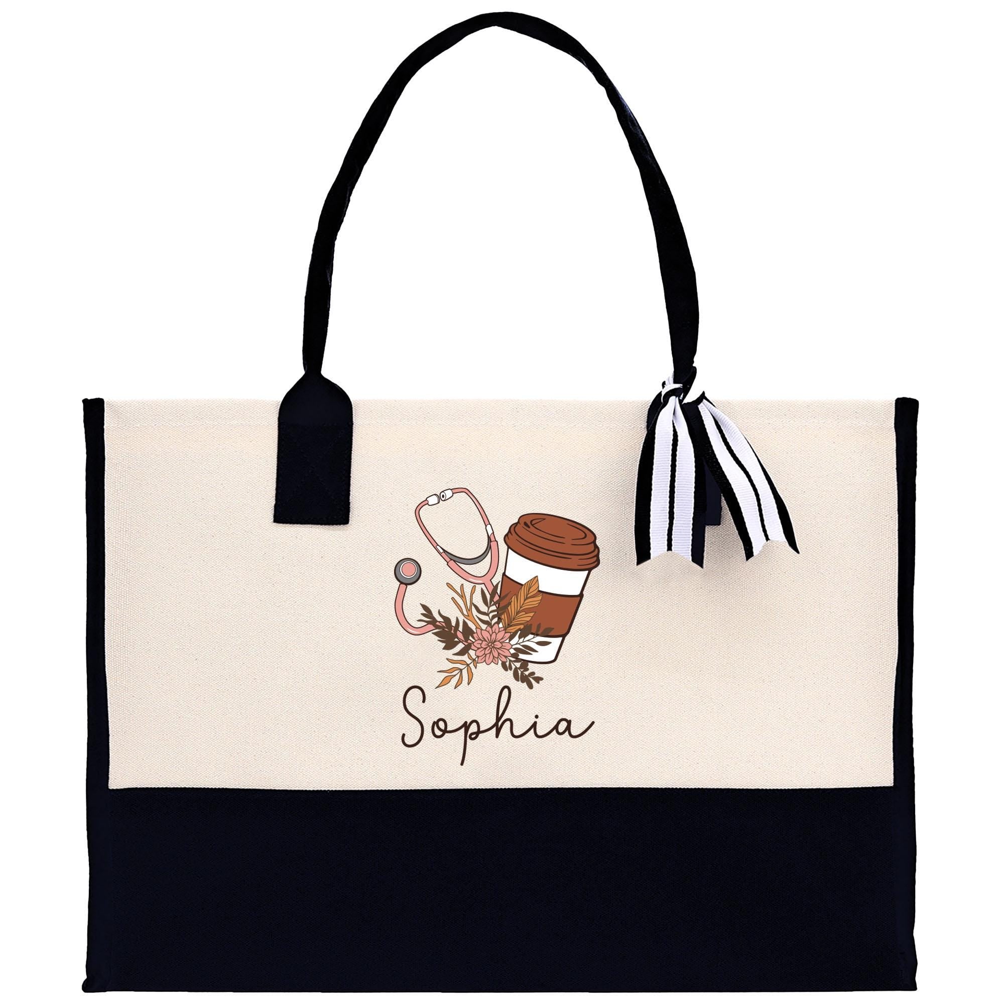 a black and white bag with a picture of a cup of coffee