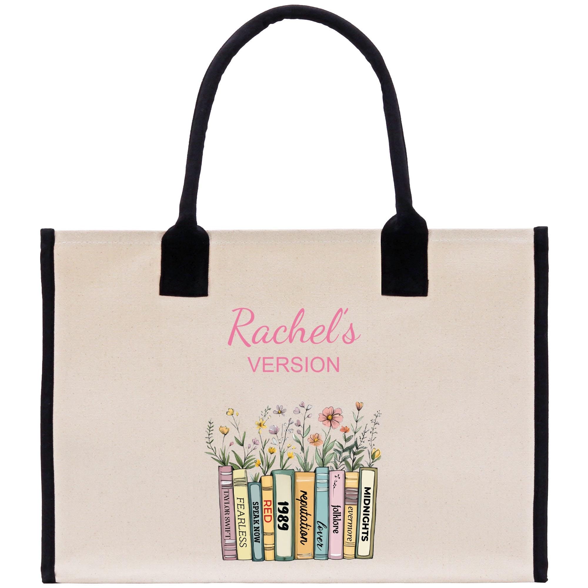 A beige tote bag with a floral design and a row of colorful books titled &quot;MIDNIGHT&#39;S REVIEW&quot; printed on it.