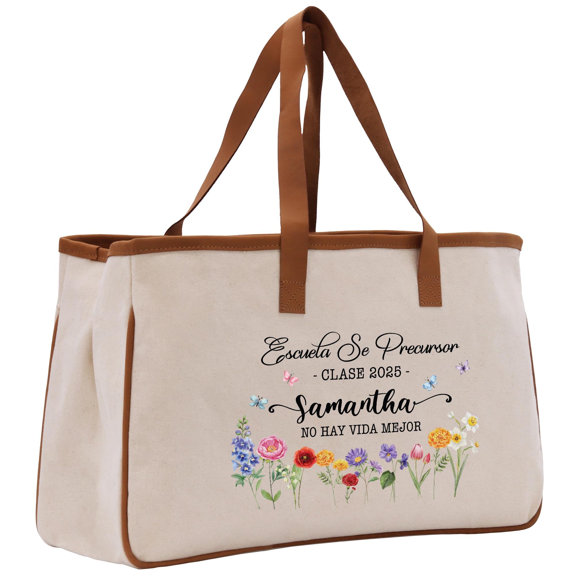 A beige tote bag with a floral design and text printed on it.