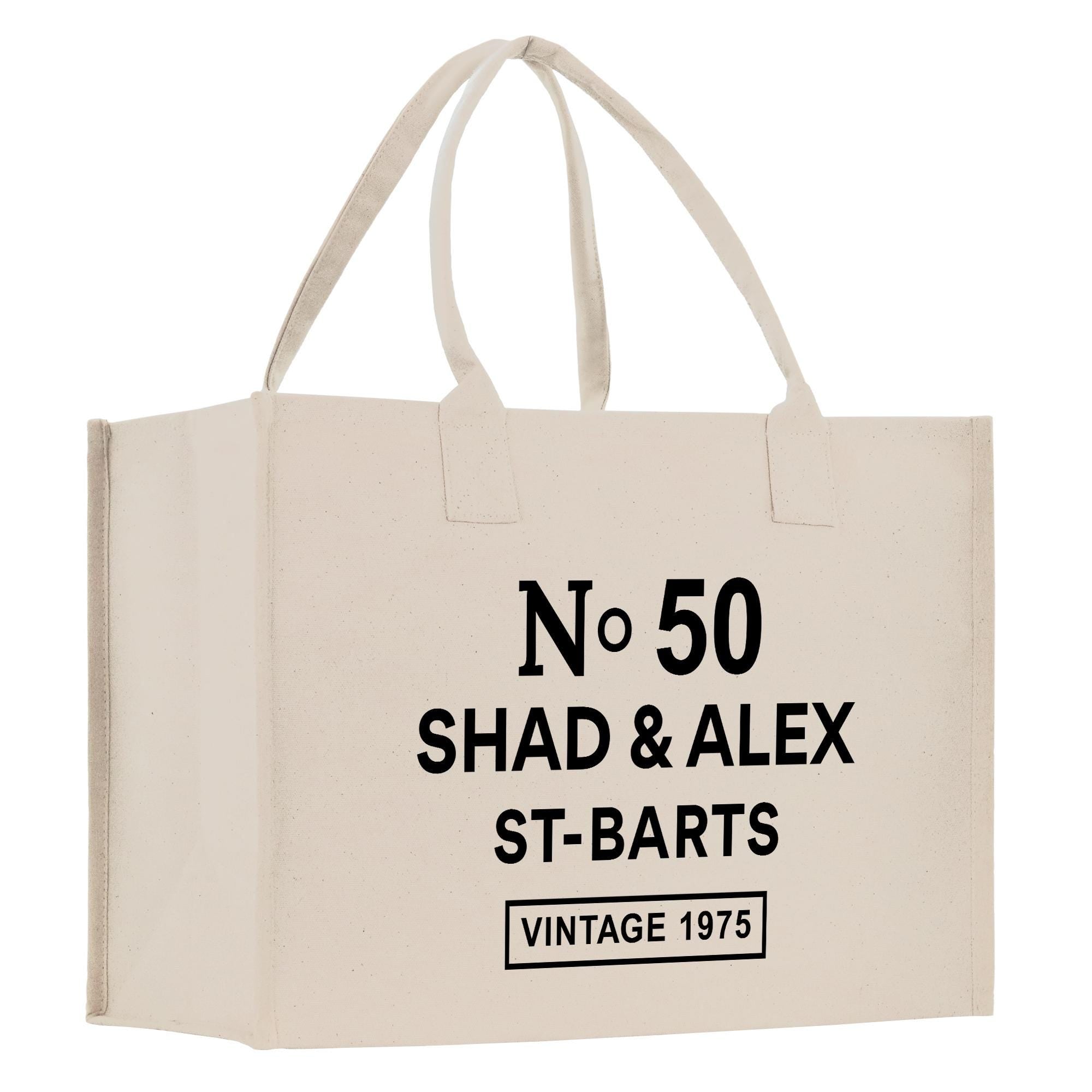 A beige canvas tote bag with black text and graphics printed on it.