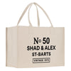 A beige canvas tote bag with black text and graphics printed on it.