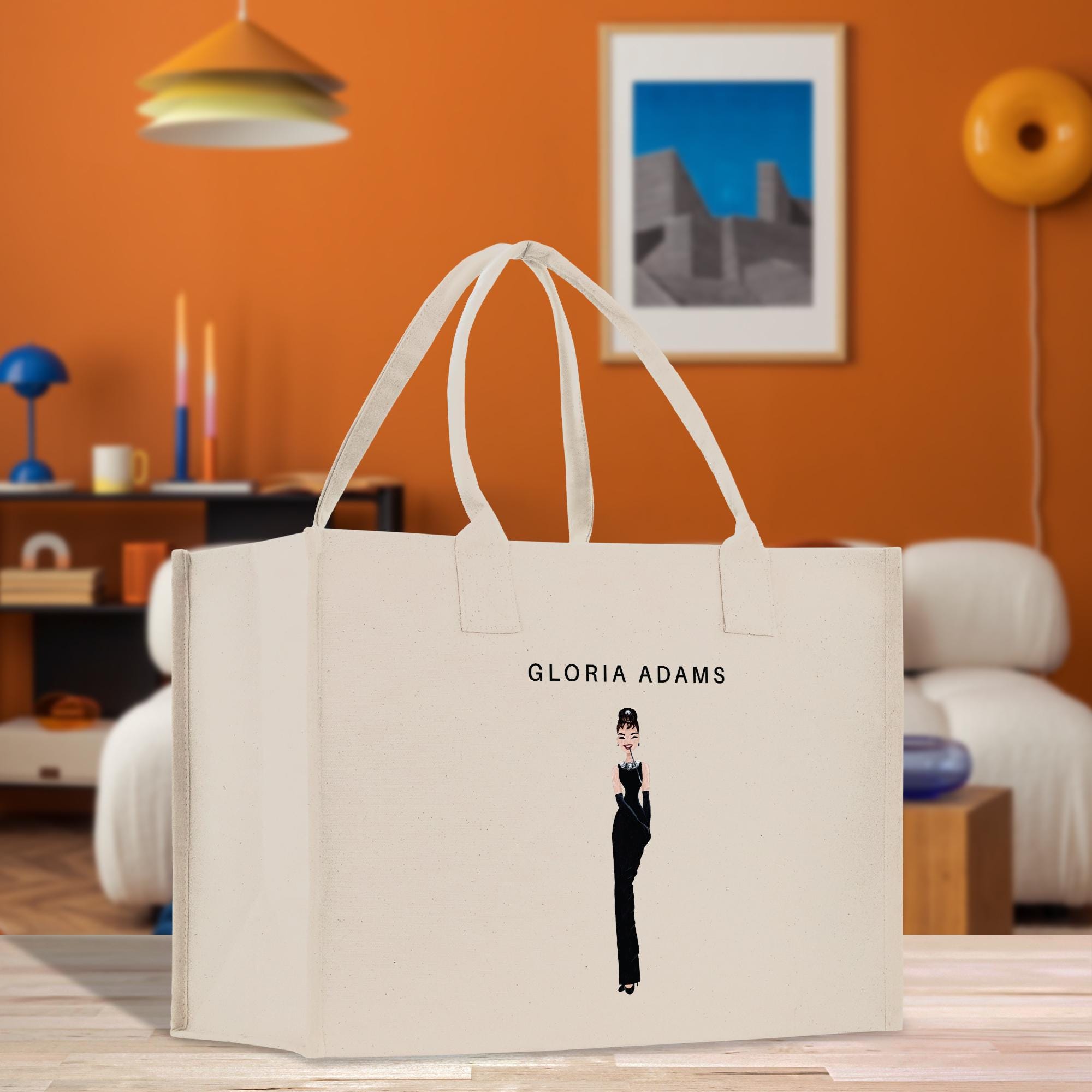 a white shopping bag with a picture of a woman on it