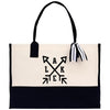 A black and white tote bag with a graphic design on the front.