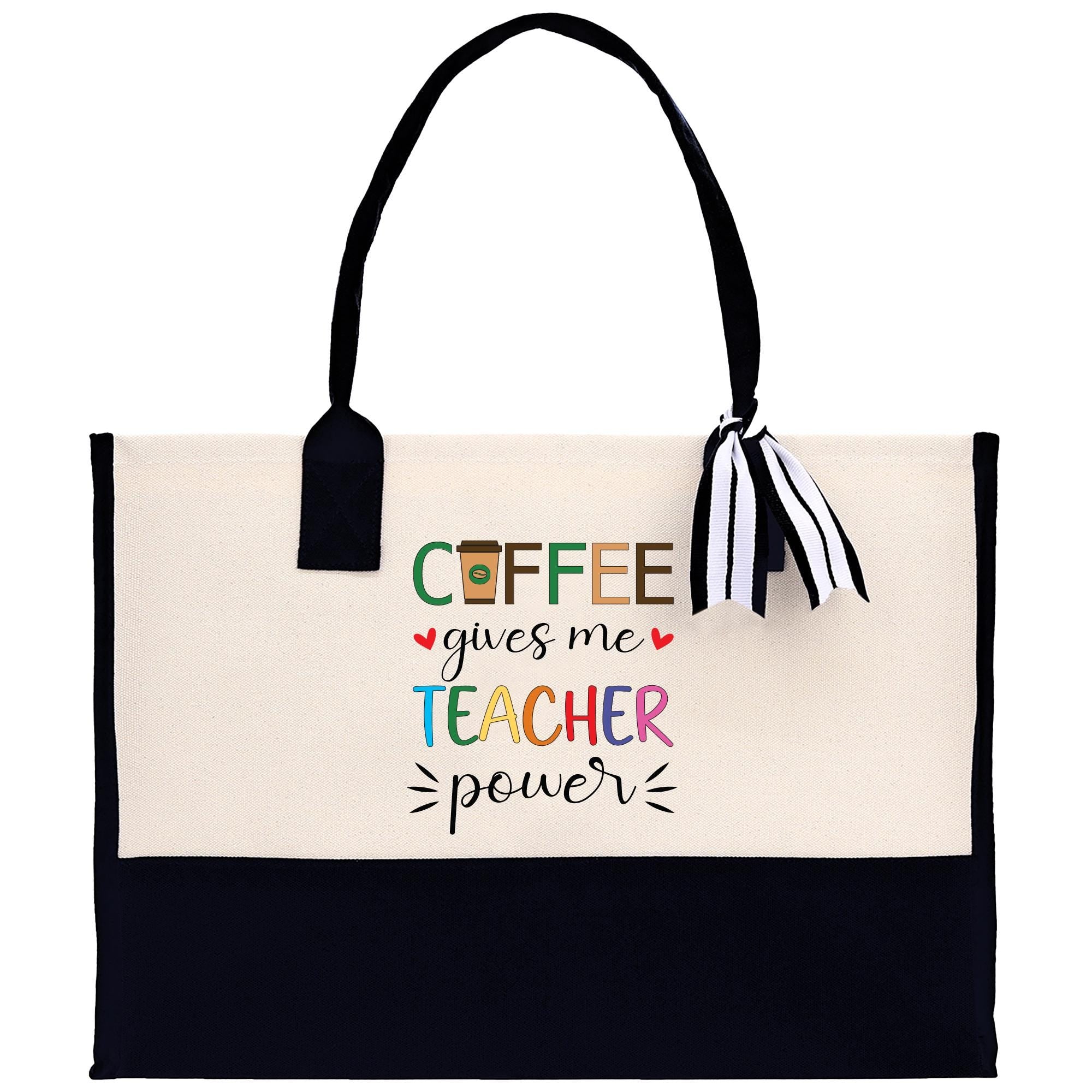 a black and white tote bag with coffee gives me teacher power